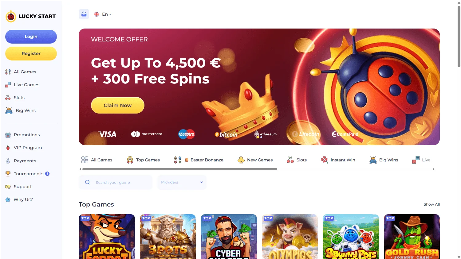 Luckystart Casino home interface on desktop