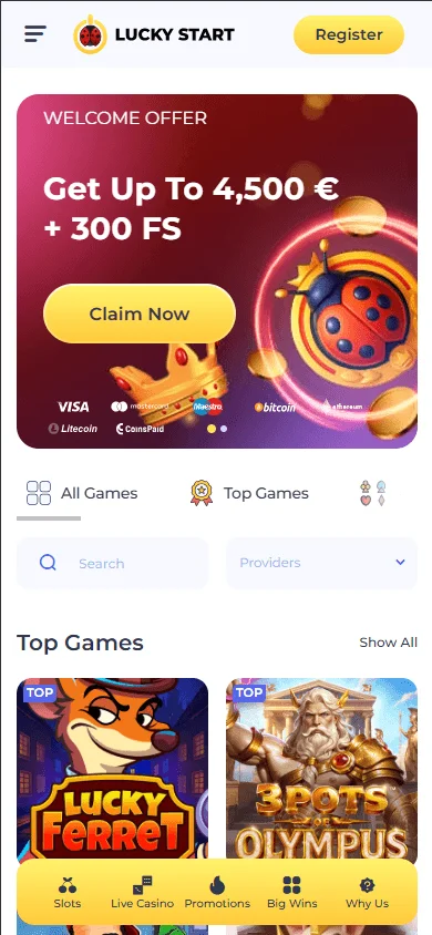 Luckystart Casino home interface on a mobile browser