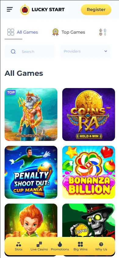Luckystart Casino games interface on a mobile browser