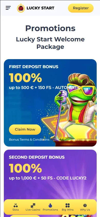 Luckystart Casino promotions interface on a mobile browser