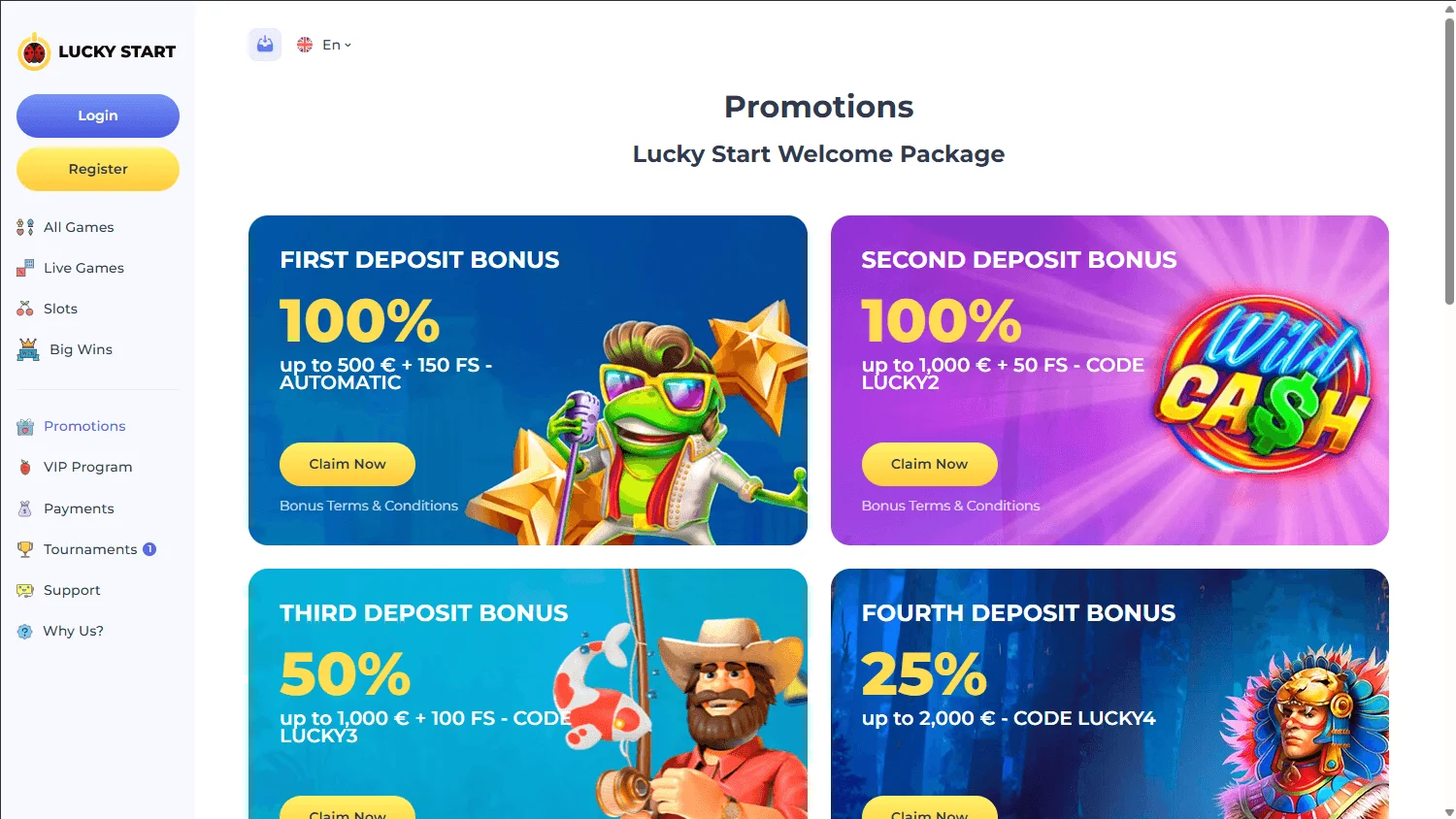 Luckystart Casino promotions interface on desktop
