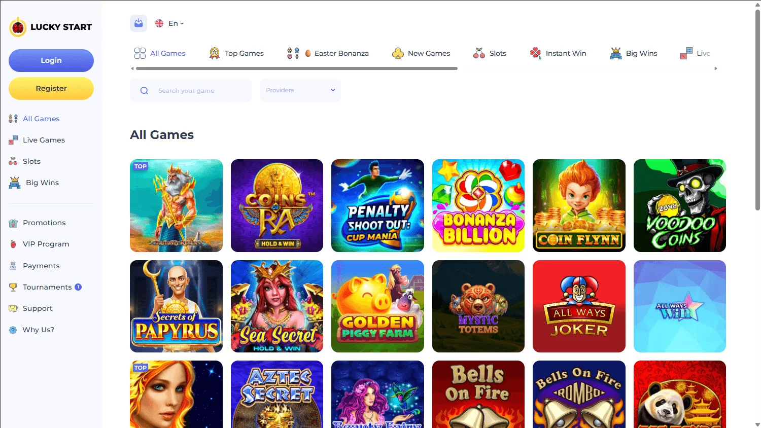 Luckystart Casino games interface on desktop